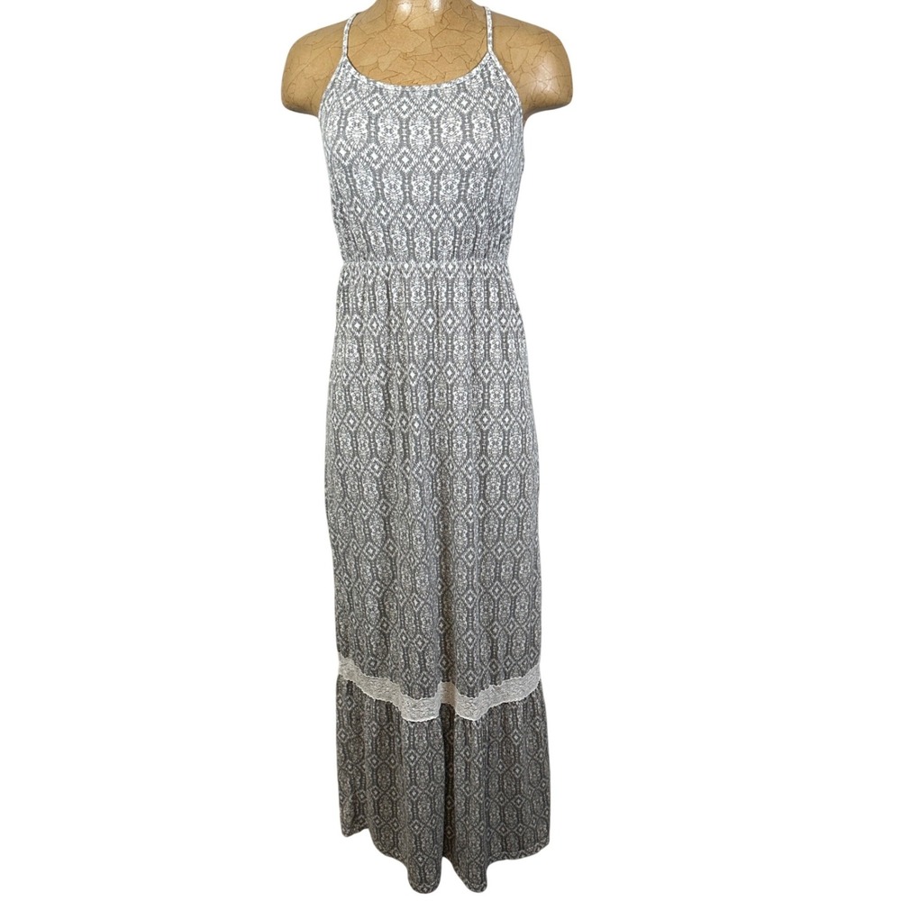 Gray White boho cottagecore‎ Lace Tiered Racerback Maxi Dress soft boho long